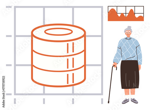 Elderly woman with cane standing next to a large database icon and bar graph. Ideal for technology, healthcare, aging, analytics, future trends, research, and demographic data. Modern flat metaphor