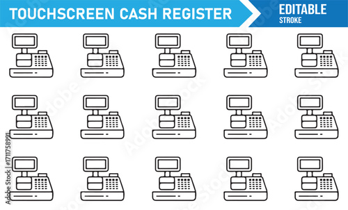 Editable stroke line icons of modern POS cash register systems