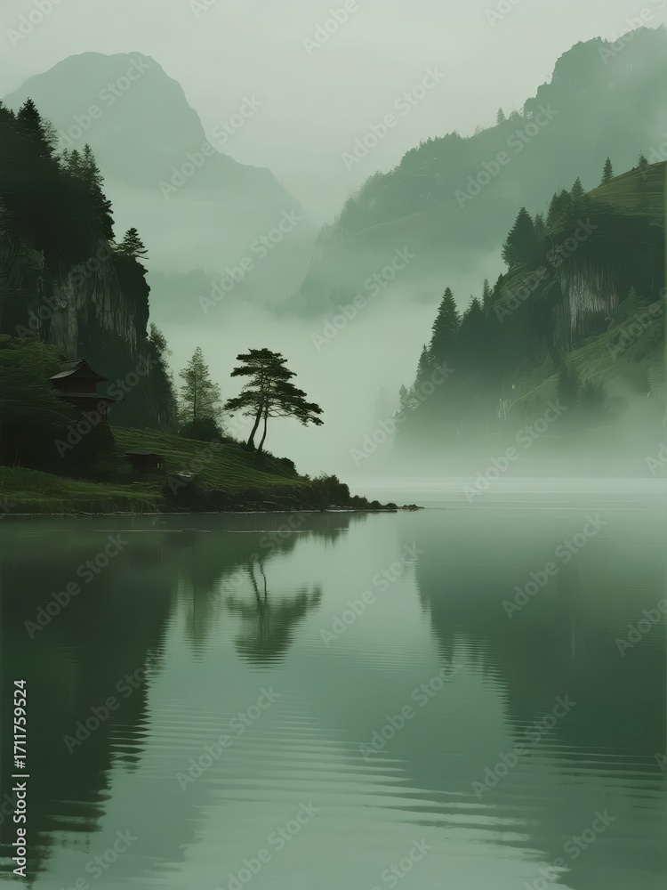 Fototapeta premium Misty mountain lake with reflective water and forested hills