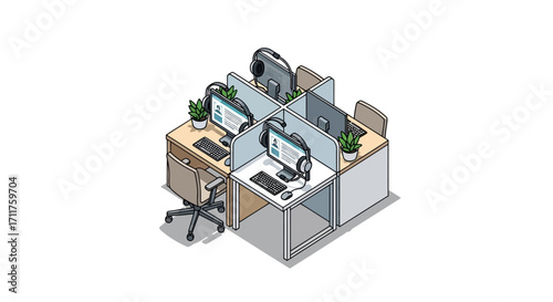 An isometric illustration of a modern office cubicle setup with four workstations, each equipped with a computer, headset, and chair.