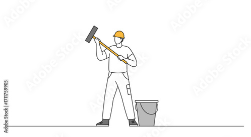 A construction worker wearing safety gear holds a long squeegee beside a bucket, suggesting industrial or large-surface cleaning.
