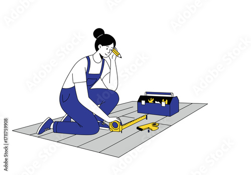 Illustration of a focused woman kneeling to measure floor length using a measuring tape and pencil, planning construction or flooring.

