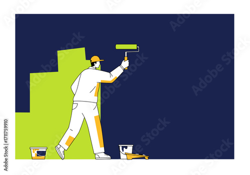 A painter applies bright lime green paint over a dark blue wall using a roller, representing interior design or color refresh work.
