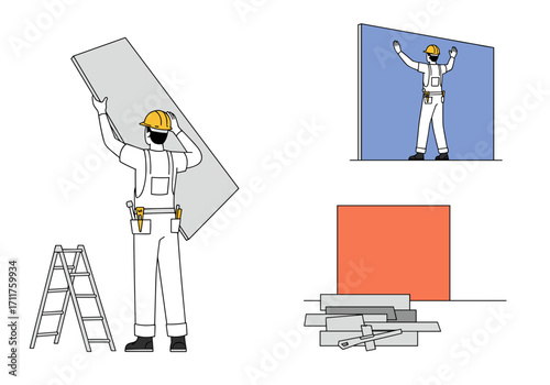 Construction crew placing large drywall sheets onto a wall, illustrating renovation, interior finishing, or wall preparation work.
