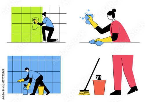 Set of illustrations showing workers cleaning tiled surfaces with gloves, sprays, cloths and mops, depicting janitorial or hygiene work.
