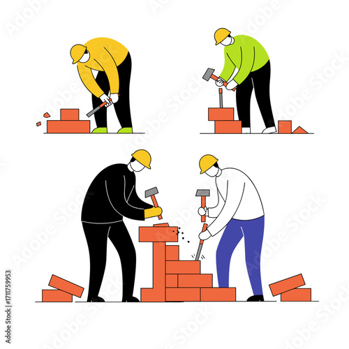 Set of workers using hammers to break apart brick walls, illustrating demolition, construction teardown, or hard labor tasks.
