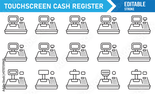 Touchscreen cash register vector icons set for payment and retail terminals