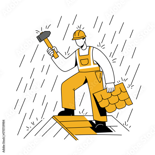 Illustration of a roofer working in heavy rain, holding shingles and a hammer, symbolizing emergency roof repairs and danger.
