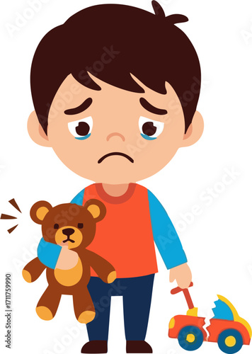A Sad Boy Holding a Teddy Bear and Broken Toy Car, Crying Tears