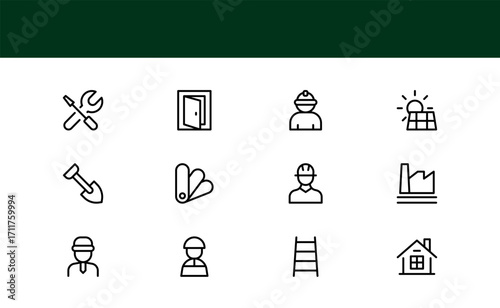 Professional Construction Icon Collection with Minimal Line Art Featuring Equipment, Safety Gear, and Building Symbols