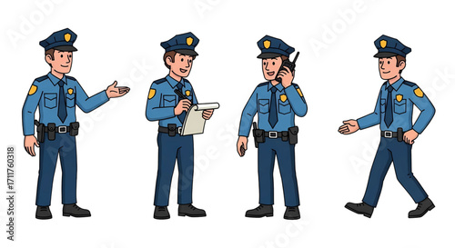 Set of a cartoon police officer character in uniform on duty in various poses like writing a report and talking on the radio.
