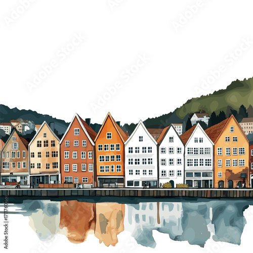 Bryggen Wharf. Bryggen Wharf watercolor vector illustration