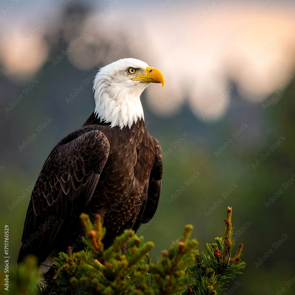 Obraz premium Bald eagle perched atop a pine tree at dawn