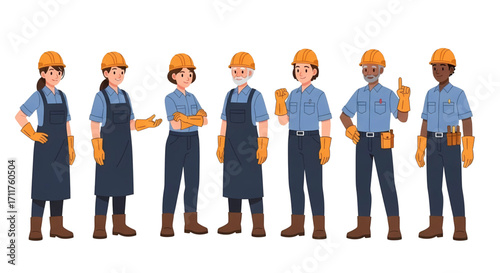 Diverse group of industrial factory workers in hard hats and safety uniforms standing together as a professional team.
