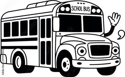 Friendly school bus waving hello, ready for adventure and learning.