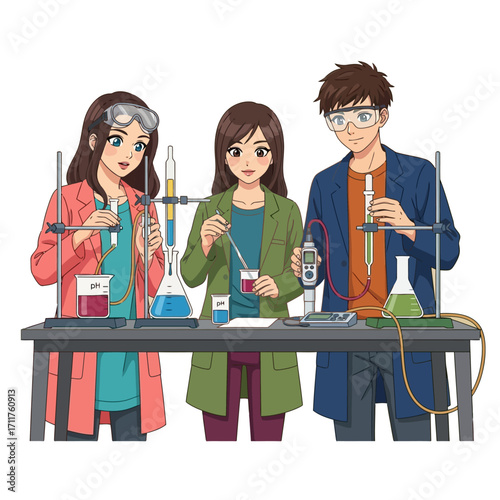 Diverse young science students conducting experiments with beakers in a bright modern laboratory setting