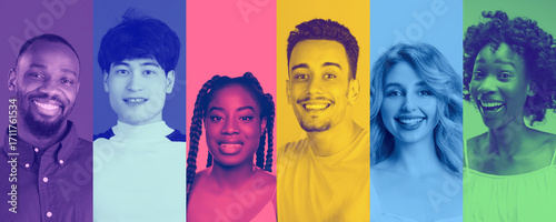 Canvas Print Composition with artistic portraits of diverse people in vibrant duotone backgrounds