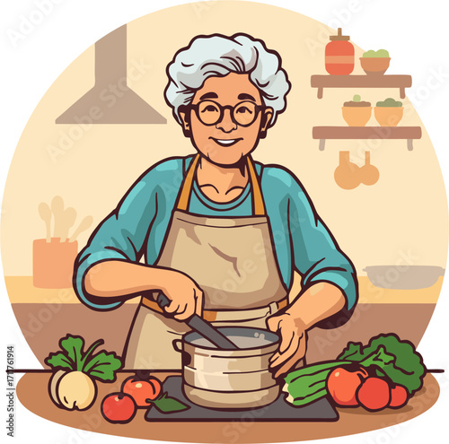 Senior Woman Cooking with Fresh Vegetables – Cartoon Vector Illustration of Grandma Preparing Meal in Kitchen