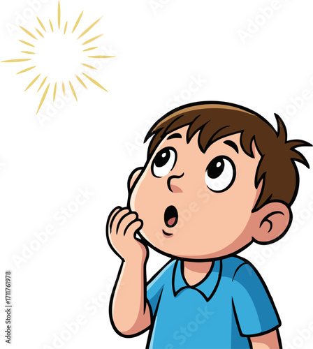 Astonished Boy Gazing Upward at a Burst of Golden Light