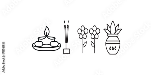 Print   Minimalist line art vector set of temple offerings – diya plate, incense sticks, flowers, and holy water pot, isolated on white.