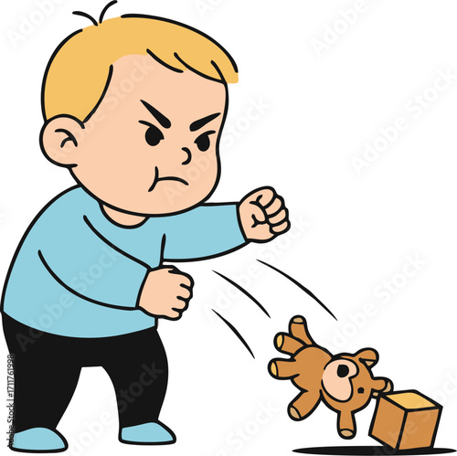 Angry Toddler Punches Teddy Bear, Expressing Frustration with Toy Block