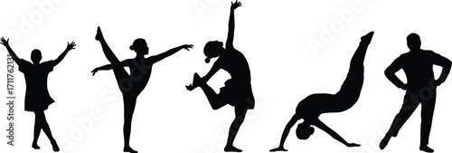 Dance silhouette, ballet performance, modern choreography, gymnast poses, artistic movement, dancer flexibility, performing arts, stage expression, contemporary dance, graceful motion