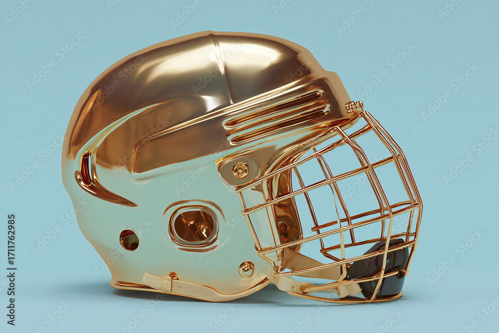 Fototapeta premium Unique golden hockey helmet on a light blue background showcasing intricate design and metallic shine, ideal for sports enthusiasts and collectors