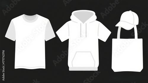 Set of white blank clothing templates on black