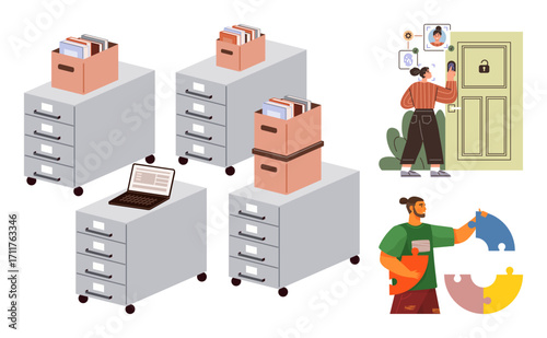 Filing cabinets with documents, laptop on top, person securing door, and another assembling puzzle pieces. Ideal for organization, security, teamwork, data management, collaboration productivity