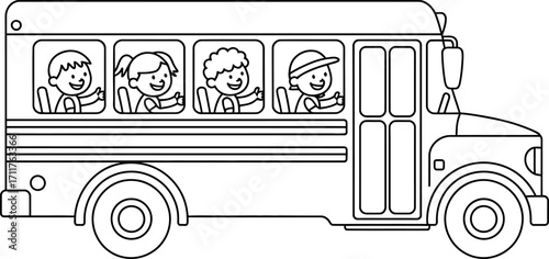 Cheerful children wave from a school bus on their way to learn and play.