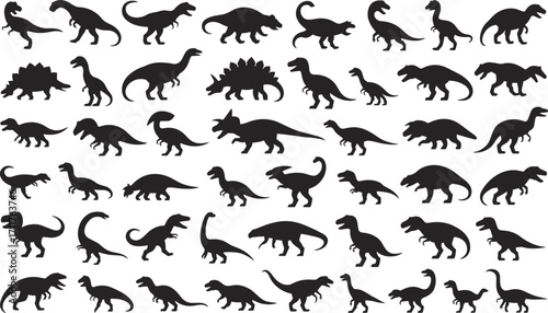 Dinosaur silhouettes, various species, T-Rex, Stegosaurus, Triceratops, Velociraptor, prehistoric reptiles, black shapes, different poses, ancient creatures, Jurassic era