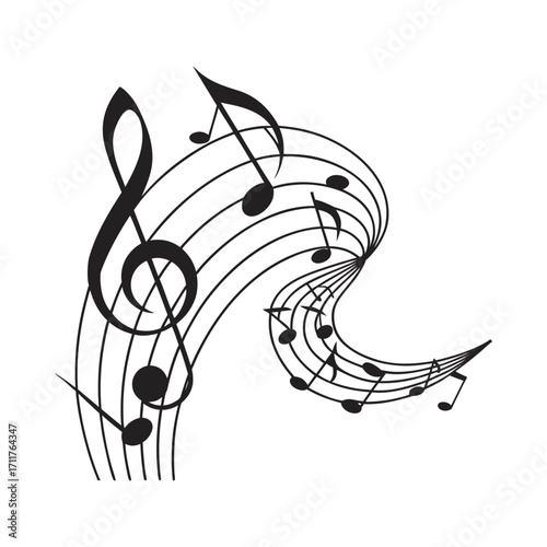 Swirling musical notes and staff lines vortex design