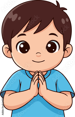 Cartoon Boy with Brown Hair and Blue Shirt in a Praying Gesture