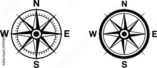 Two simple black and white compass rose icons showing cardinal directions