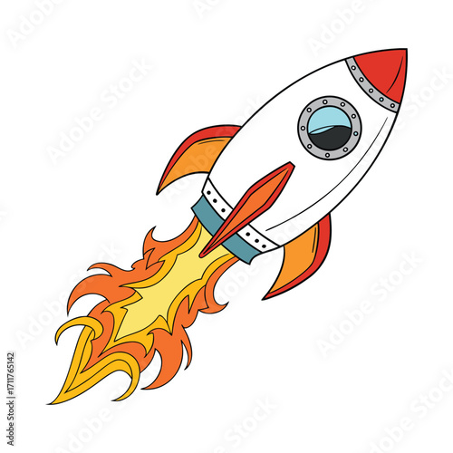 Vibrant cartoon rocket blasting off into starry sky
