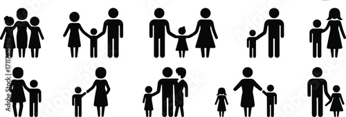 Diverse Family Icons Set, Parents and Children Silhouettes, Single and Couple Parenting, Black Stick Figures for Family Concepts
