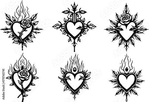 Sacred Heart and Tribal Rose Tattoo Set