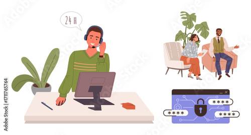 Office worker using headset for 24-hour support, couple discussing on couch, and secure password authentication. Ideal for teamwork, customer service, security, remote work, professionalism