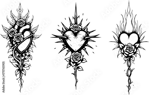 Sacred Heart and Tribal Rose Tattoo Set