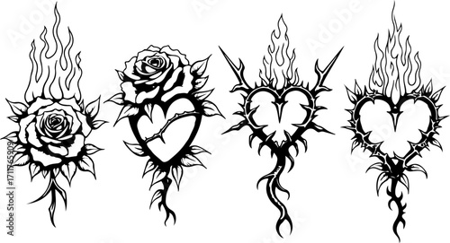 Sacred Heart and Tribal Rose Tattoo Set