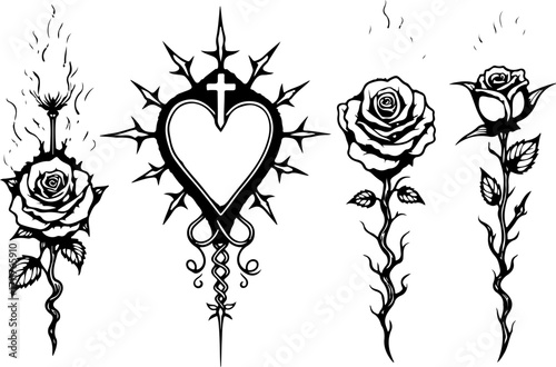 Sacred Heart and Tribal Rose Tattoo Set
