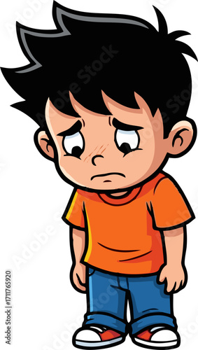 Cartoon Boy with Scratches, Downcast Eyes, and an Orange T-Shirt