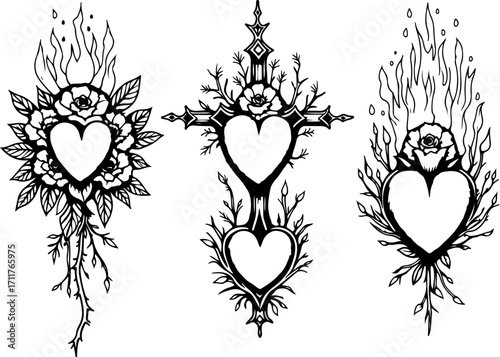 Sacred Heart and Tribal Rose Tattoo Set