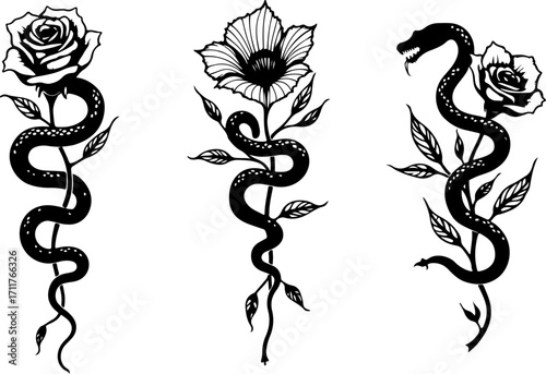 Serpent and Blossom Tattoo Designs bundle