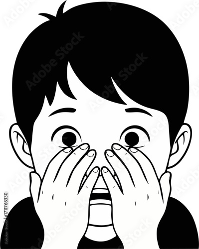 Cartoon Boy with Wide Eyes Covering Face in Surprise