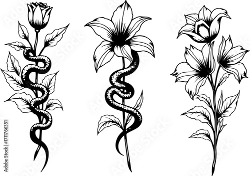 Serpent and Blossom Tattoo Designs bundle