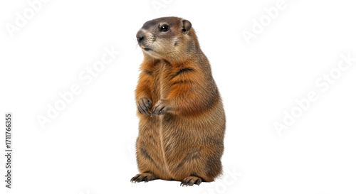 Isolated Groundhog Marmot standing up on hind legs, side view on a plain background, animal