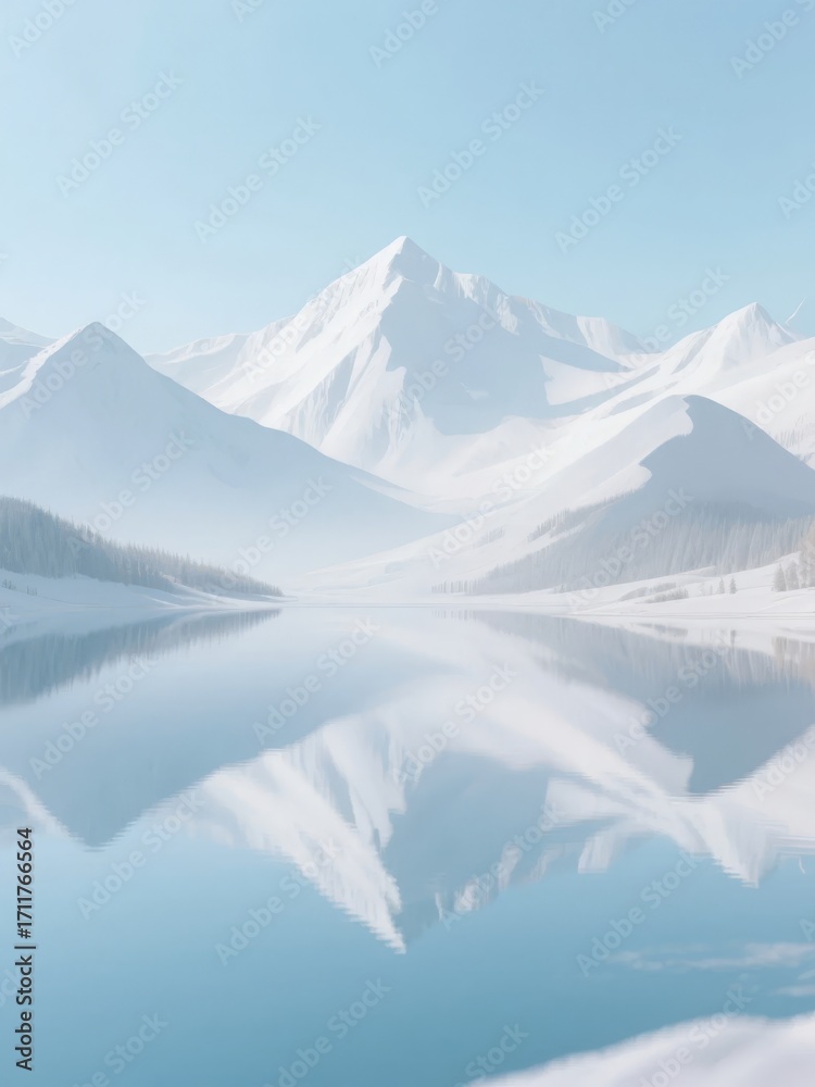 Fototapeta premium Snow-capped mountains reflected in a calm lake under a clear blue sky
