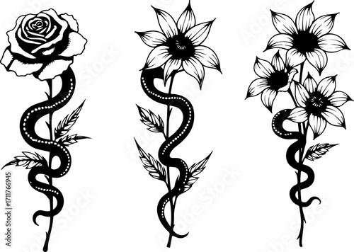 Serpent and Blossom Tattoo Designs bundle