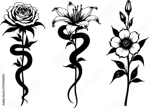 Serpent and Blossom Tattoo Designs bundle